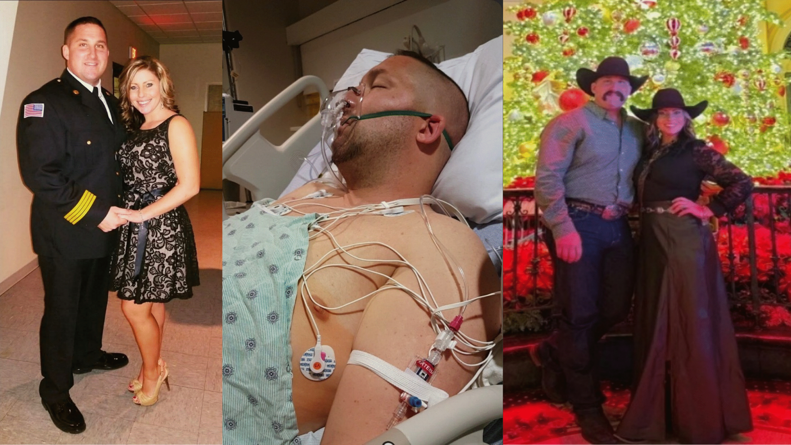 A man in uniform and woman dressed up standing; a man in hospital bed; a man and woman dressed up at Christmas event