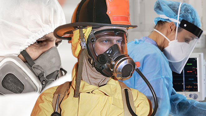 Three people wearing different types of protective respirators and masks in a healthcare or emergency response setting.