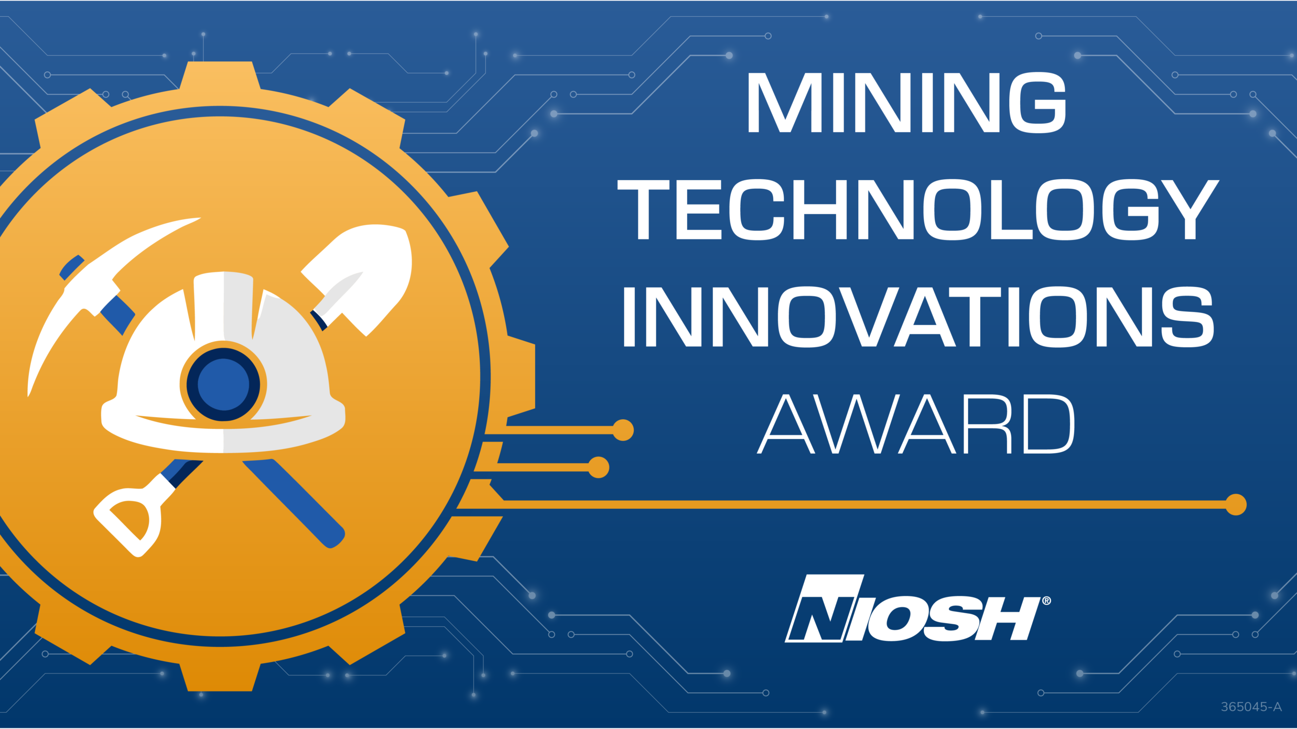 Blue, white and gold stylized image with cog wheel, miner hard hat and mine tools behind the hat.