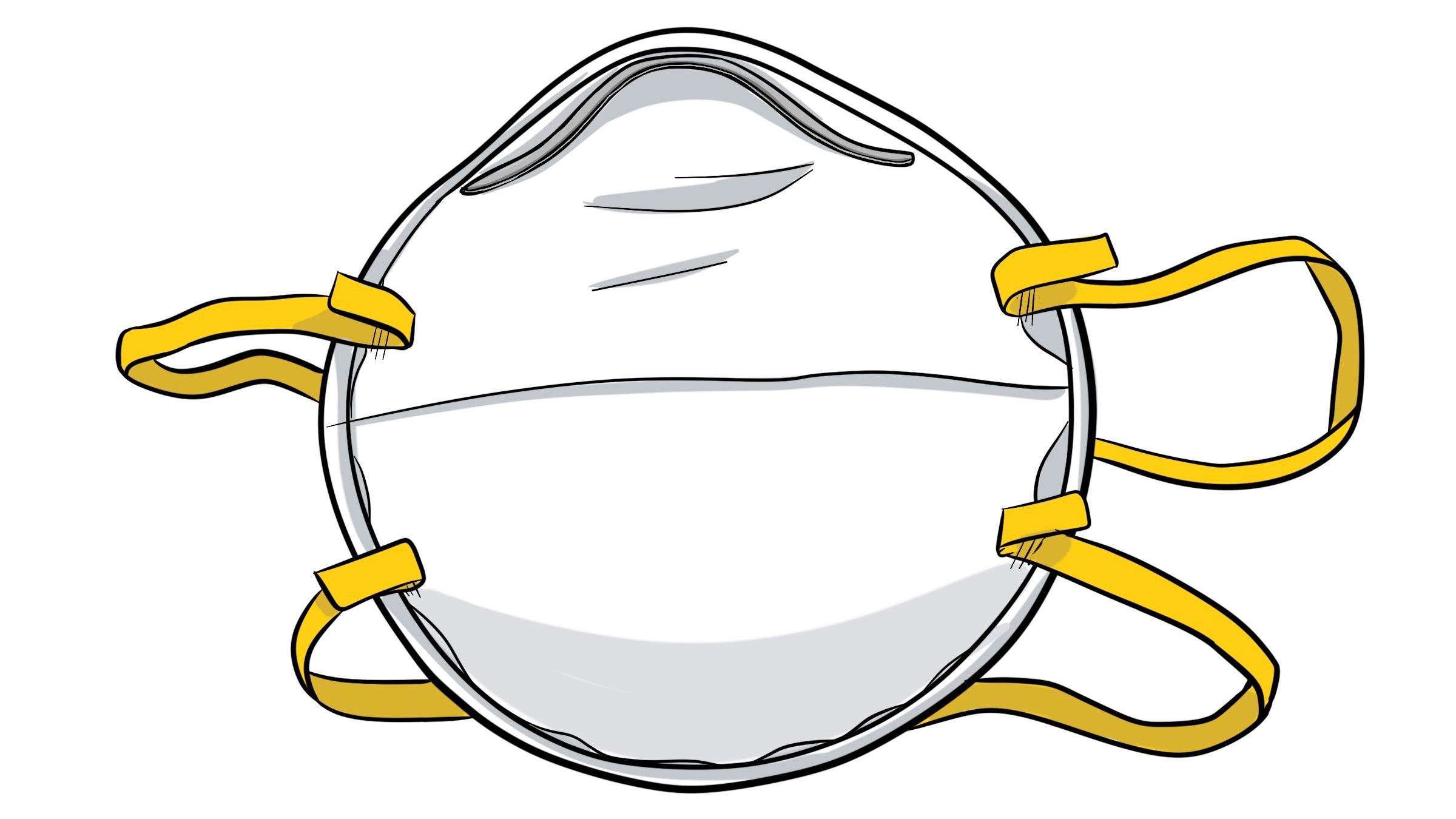 Illustration of a white filtering facepiece respirator with two yellow head straps.
