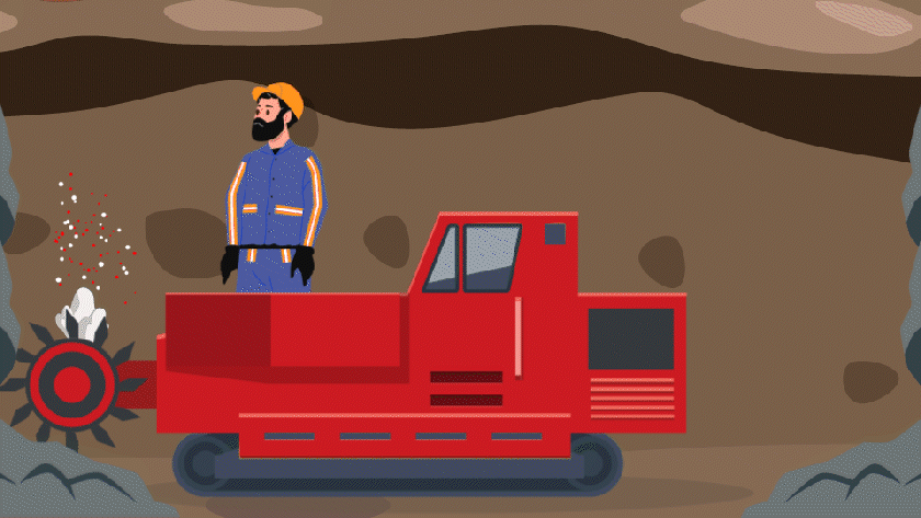 Amination showing a male coal miner breathing dust that enters his lungs during machine grinding on a coal mine wall.
