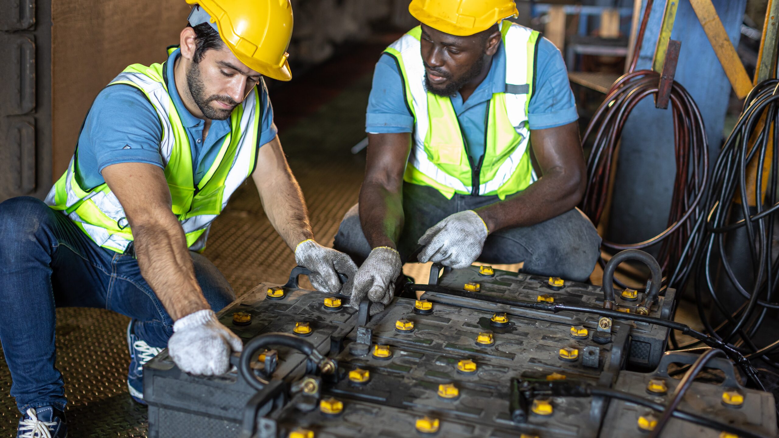 Two workers in hard hats and vest working on batteries.