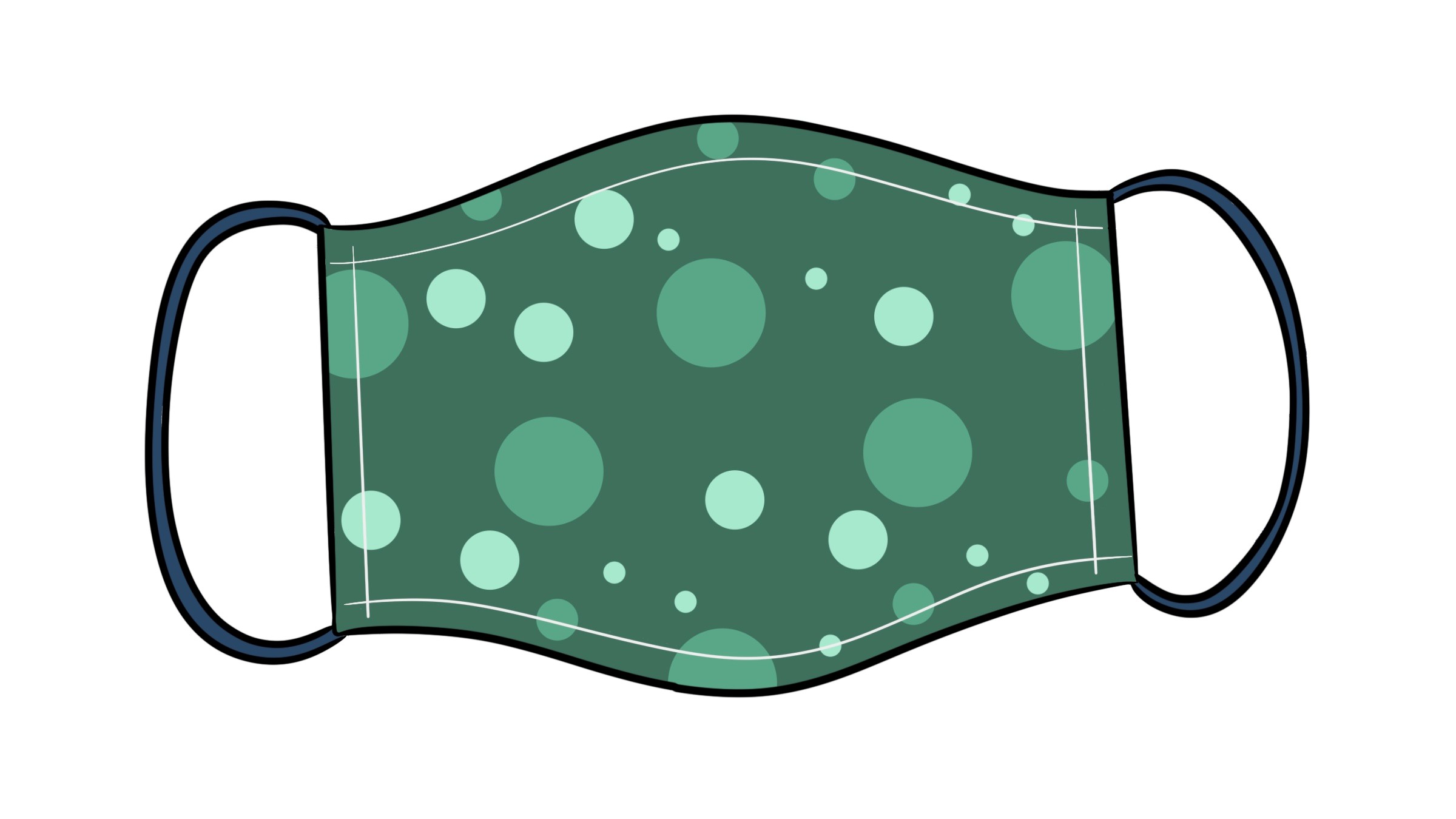 Illustration of a green cloth face mask with a circular pattern and two ear loops.