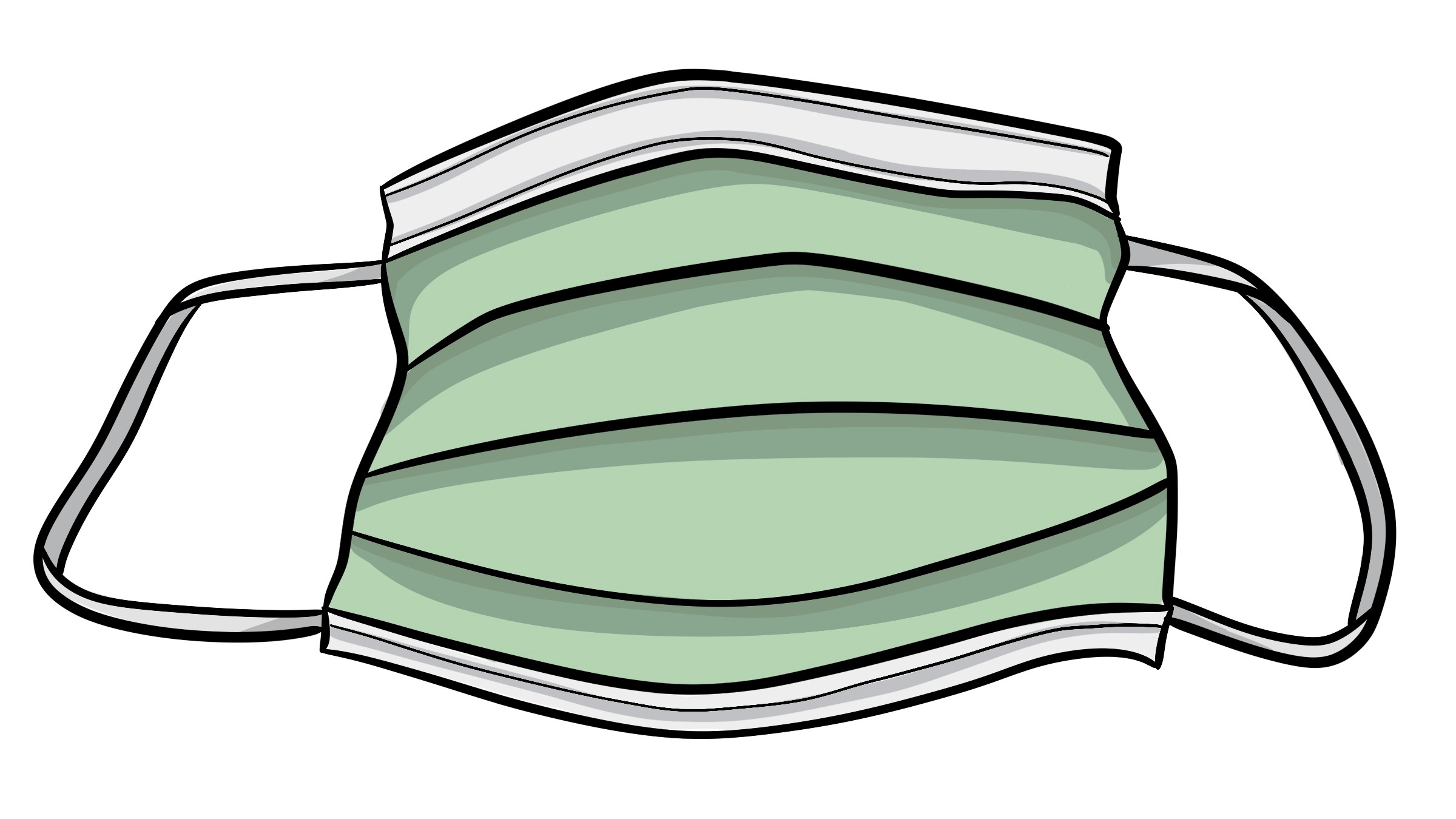 Illustration of a light green pleated disposable face mask with two ear loops.