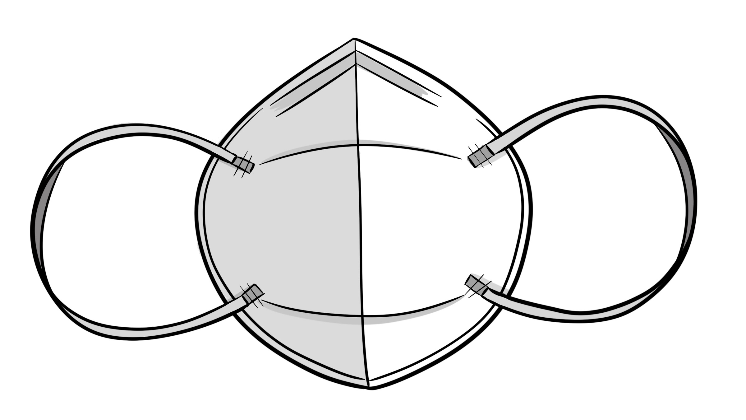 Illustration of a white filtering facepiece respirator with two head straps.