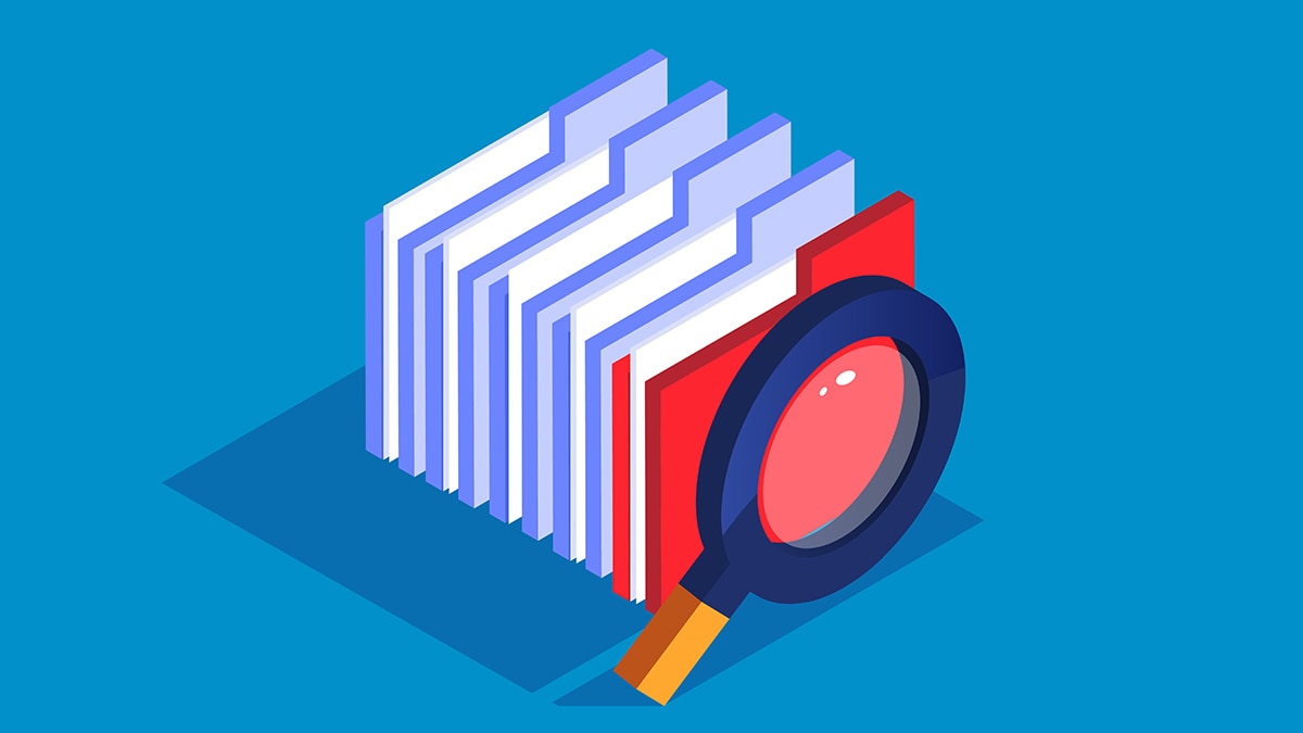 Illustration of a stack of files with a magnifying glass.