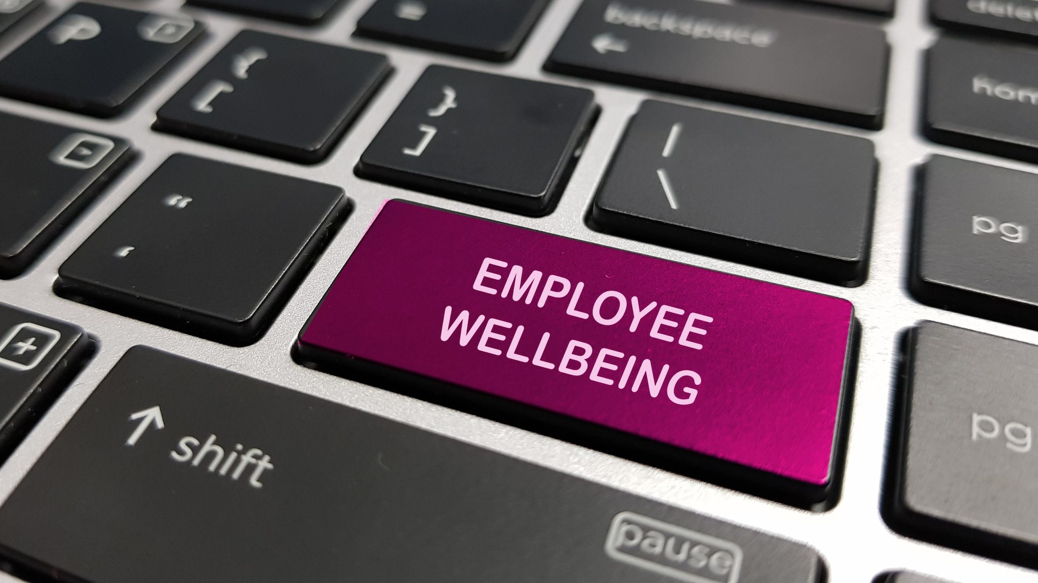 A keyboard key with the words "Employee Wellbeing".