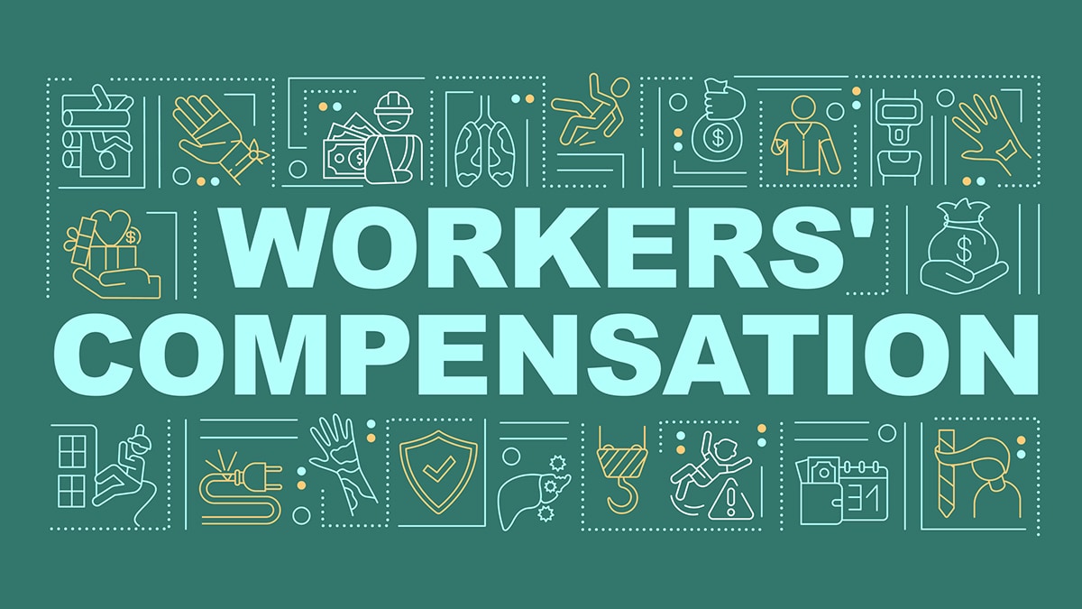 Illustrated image with the words workers' compensation surrounded by icons representing different industries and types of work.