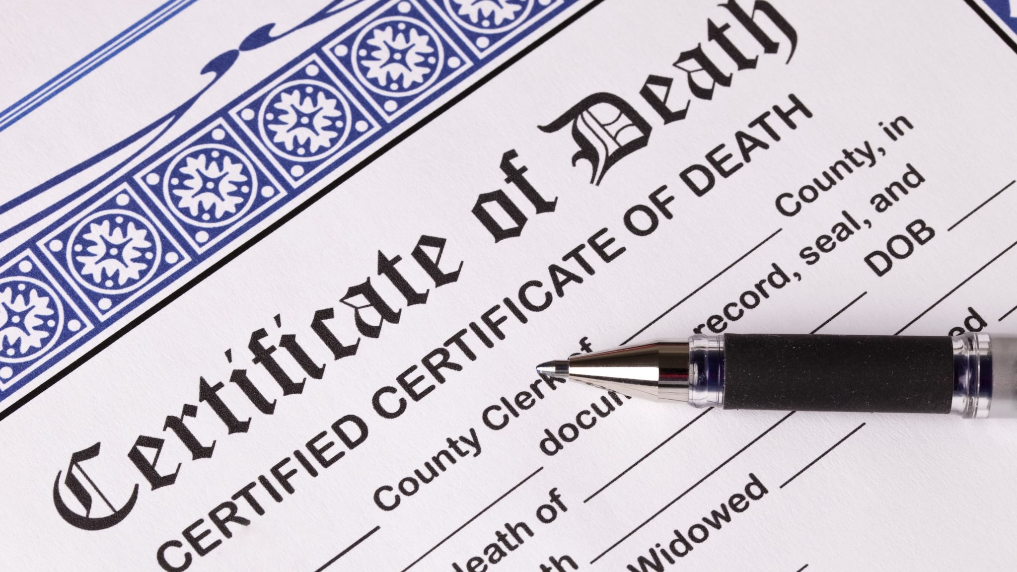 Close up of a death certificate