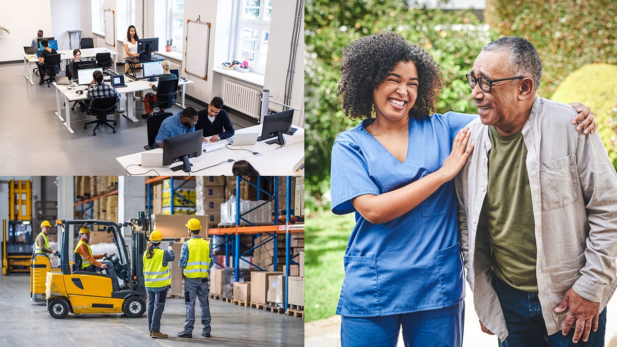 collage of photos including workers collaborating in office, healthcare and manufacturing.