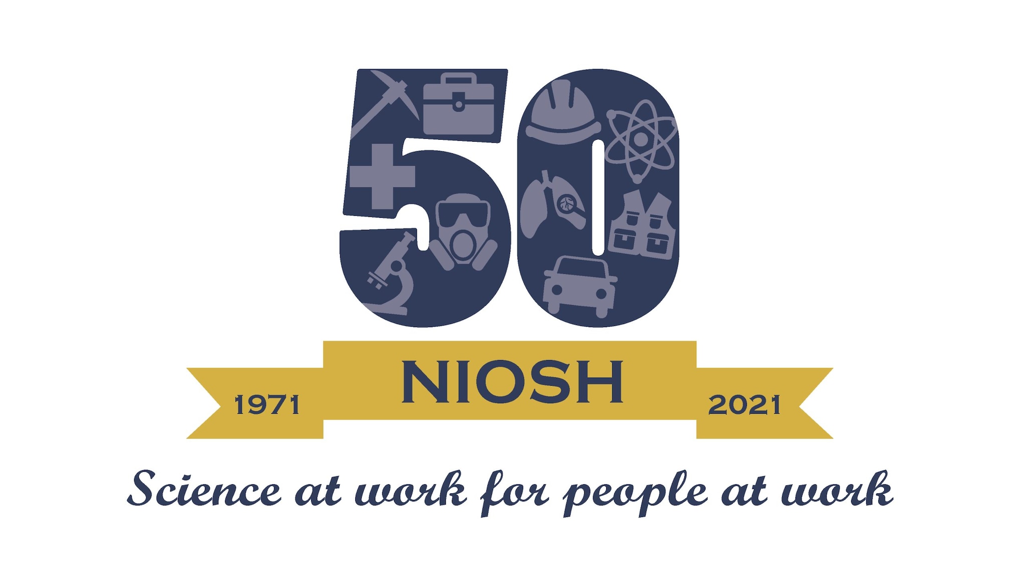 Shows a large bold blue number 50 with gold banner underneath that says 1971-2021. The tag line "Science at work for people at work" is below that in blue.