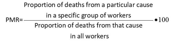 To calculate a PMR, divide the proportion of deaths from a particular cause in a specific group of workers by the proportion of death from that cause in all workers. Then multiply the answer by 100.