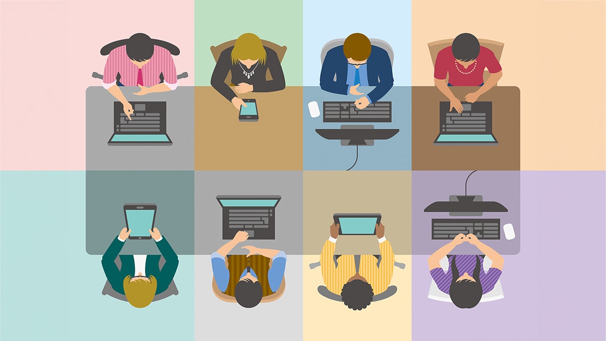Illustration of eight people joining a virtual meeting from different locations, giving the effect that they are all at a single conference table.