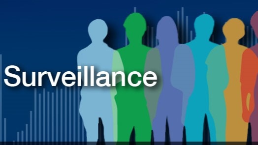 Image of the word "surveillance" on a blue background with outlines of different workers to represent different industries.