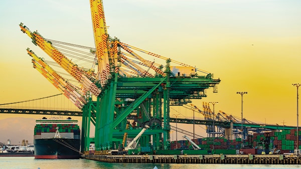 Container ship in marine terminal with cranes. Credit: iStock / Getty Images Plus