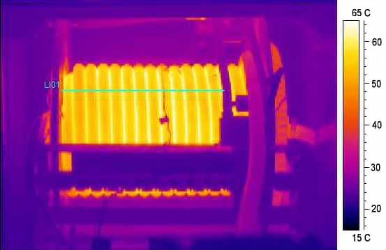 Thermal image of a static 56 Amp test with 2 layers of #6 AWG round cable wound on the reel