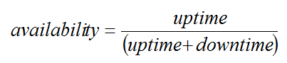 Equation 12 - Availability equals the system uptime divided by the quantity open bracket system uptime plus the system downtime close bracket.