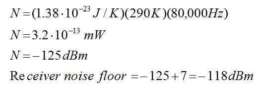 Equation 3 - This set of equations shows an example of how to calculate the receiver thermal noise floor. It is equal to the Boltzman constant 1.38 times 10 to the exponent negative 23 times 290 degrees Kelvin (the temperature T) times the channel bandwidth B 80,000 kilohertz. N then equals 3.2 times 10 to the exponent negative 13 milliwatts. Next convert this N value in milliwatts to N expressed in dB. The receiver thermal noise floor equals negative 125 dBm plus a noise factor of 7 dB which equals negative 118 dBm.
