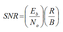 Equation 8 - The signal-to-noise ratio SNR is then equal to the quantity open bracket bit energy Eb divided by the thermal noise N0 close bracket times the quantity open bracket data rate R divided by the bandwidth B in hertz close bracket.