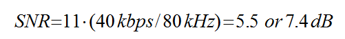 Equation 9 - An example for the signal-to-noise ratio SNR equals 11 dB times open bracket 40 kilobits per second divided by 80 kilohertz close bracket which equals the quantity 5.5 which is 7.4 dB.