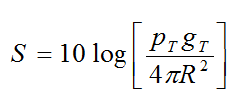 Equation B10 - The power density S in dBm per square meter equals 10 times the logarithm of the quantity open bracket p sub T times g sub T close bracket divided by open bracket 4 times pi times R squared where R is the distance from the antenna to the point of interest in meters close bracket.