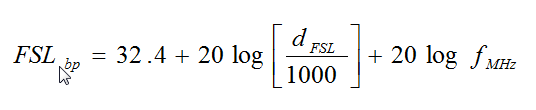 Equation B15 - The free space loss FSL sub bp equals 32.4 plus 20 times the logarithm of open bracket the breakpoint distance d sub FSL divided by 1000 close bracket plus 20 times the logarithm of the frequency in megahertz.