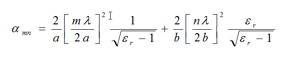 Equation B17 - Αlpha sub mn is a rather lengthy complicated equation. It is determined from the relative dielectric constant of the mine wall (a typical value is 6); the wavelength in meters, and the mode numbers of the propagation loss inside of the mine. The least attenuated modes, also known as fundamental modes are when m=1 and n=1.