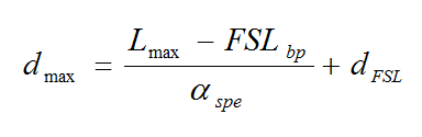 Equation B19 - The maximum link distance dmax equals open bracket open bracket the maximum path loss L sub max minus the free space path loss FSL sub bp close bracket divided by αspe close bracket plus the breakpoint distance d sub FSL