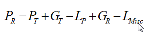 Equation B20 - The far-field received power P sub R equals the transmitter power P sub T plus the transmitter gain G sub T minus the total propagation loss between the two antennas L sub P plus the receiver antenna gain G sub R minus any additional miscellaneous losses L sub misc. All terms are expressed in dB.
