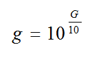 Equation B4 - The antenna gain g equals 10 taken to the exponent open bracket G antenna gain in dBi divided by 10 close bracket.