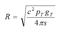 Equation B42 - The distance from the antenna to the point of interest R in meters equals the square root of open bracket open bracket a constant multiplier c squared times the transmitter power p sub T times the far-field transmit antenna gain g sub T close bracket divided by open bracket 4 times pi times the threshold power density s in watts per square meter close bracket.