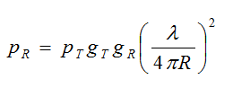 Equation B47 - The received power at the output of the receiving antenna p sub R in watts equals the transmitter power p sub T in watts times the transmitting antenna gain gT in dBm times the receiving antenna g sub R in dBm times open bracket the wavelength lamda at the frequency of interest divided by open bracket 4 times pi times the distance R between the antennas in meters close bracket close bracket squared.