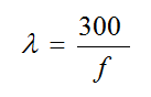 Equation B6 - The wavelength lambda in meters equals 300 divided by the frequency f in megahertz.