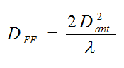Equation B7 - For directive types of antennas such as the Yagi antenna the distance to the far-field region DFF in meters is equal to the quantity open bracket 2 times the largest dimension of the antenna Dant in meters squared close bracket divided by the wavelength lamda at the operating frequency f of the system in meters.