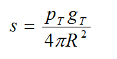 Equation B9 - The power density s in milliwatts per square meter equals the quantity open bracket psub T times g sub T close bracket divided by open bracket 4 times pi times R squared where R is the distance from the antenna to the point of interest in meters close bracket.