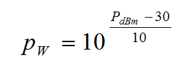 Equation B3 - The power p sub W in watts equals the quantity 10 taken to the exponent open bracket open bracket P sub dBm minus 30 close bracket divided by 10 close bracket.
