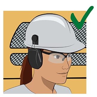 Illustration of a worker standing near to a piece of equipment and smiling comfortably while wearing hearing protection, with a green check mark in the corner of the image used to represent this as a good practice.