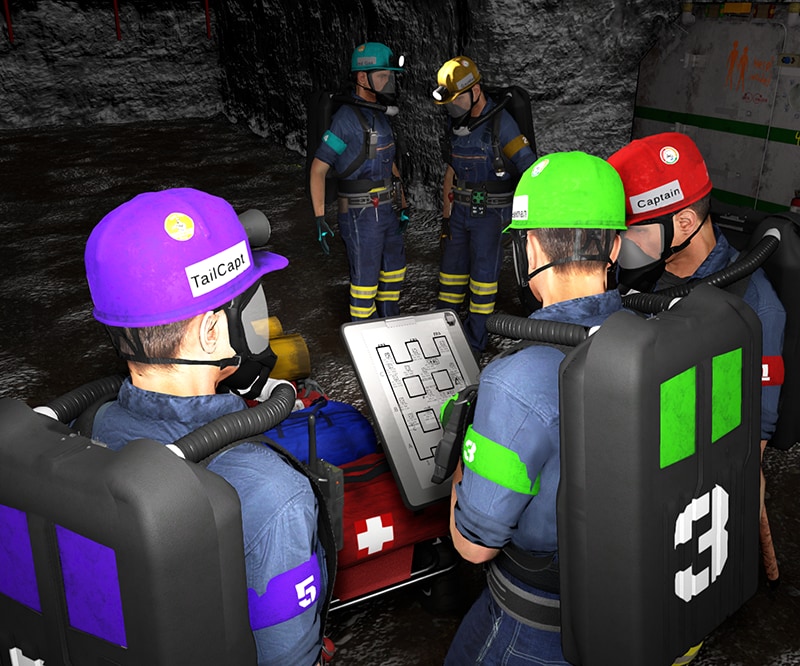 A screen capture from the third person perspective of a five-man mine rescue team working through a mine emergency scenario in VR-MRT.