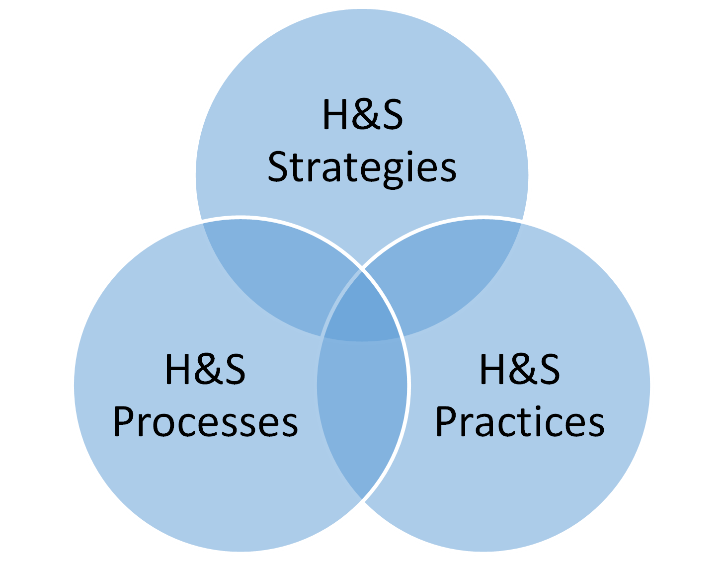 Venn diagram showing the intersection of health and safety strategies, processes, and practices