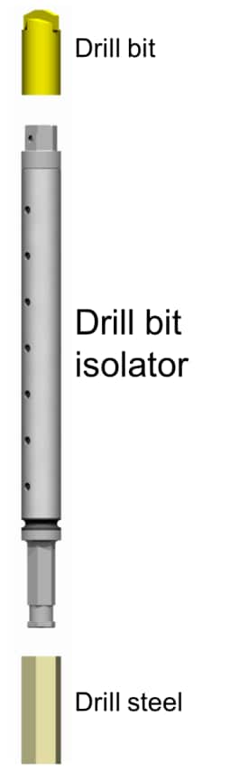 Illustration of the various parts of a drill bit including the drill bit isolator.
