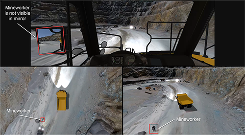 Image showing three different views representing how a mineworker near a haul truck may be in driver’s blind spot, posing a safety concern.