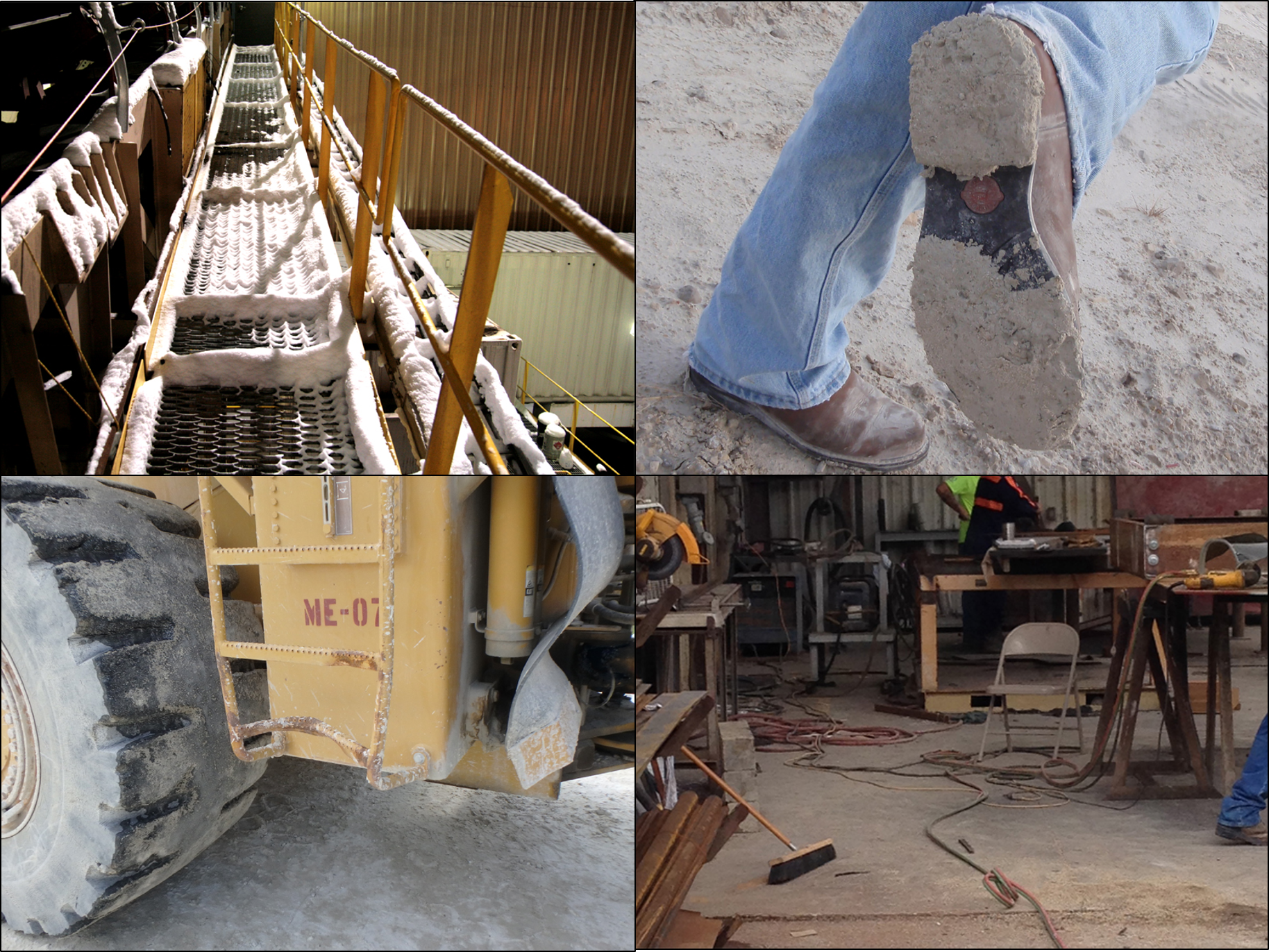Slip and fall hazards identified at mines: contaminants on walkways (top left), material caked into boots (top right), bent rung of mobile equipment ladder (bottom left), and trip hazards around shops (bottom right).