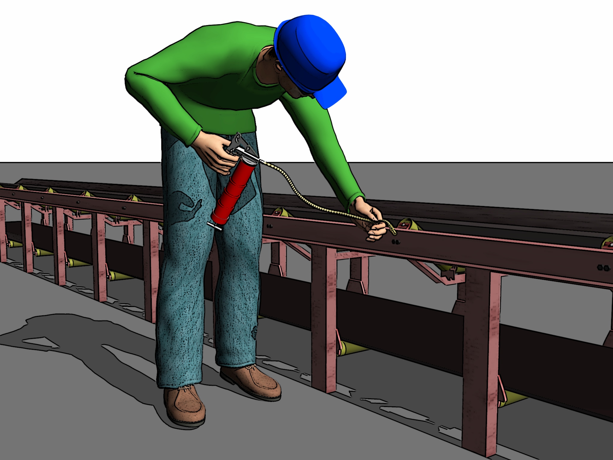 This image shows a worker bending over to grease a conveyor belt.