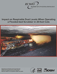 RI 9693. Report of Investigations 2013. Impact on respirable dust levels when operating a flooded-bed scrubber in 20-foot cuts. Cover image shows a visible dust cloud generated by a continuous miner cutting into the coal face. Department of Health and Human Services. Centers for Disease Control and Prevention. National Institute for Occupational Safety and Health. DHHS logo. CDC logo. NIOSH logo.