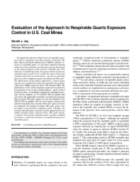 Image of publication Evaluation of the Approach to Respirable Quartz Exposure Control in U.S. Coal Mines