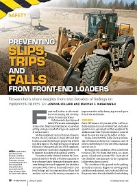 First page of Preventing Slips, Trips and Falls from Front-end Loaders showing a photo of a front-end loader along with text from the article.