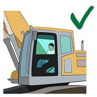 Illustration of a worker operating a bulldozer with the cab door closed, with a green check mark in the corner of the image used to represent this activity as a good practice in relation to hearing protection while operating equipment.