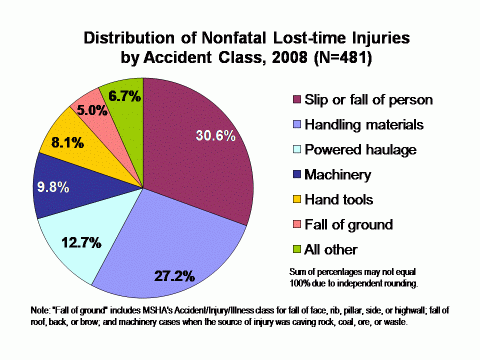 Chart of the distribution of nonfatal lost-time injuries by accident class among coal contractor employees, 2008 (see data table below)