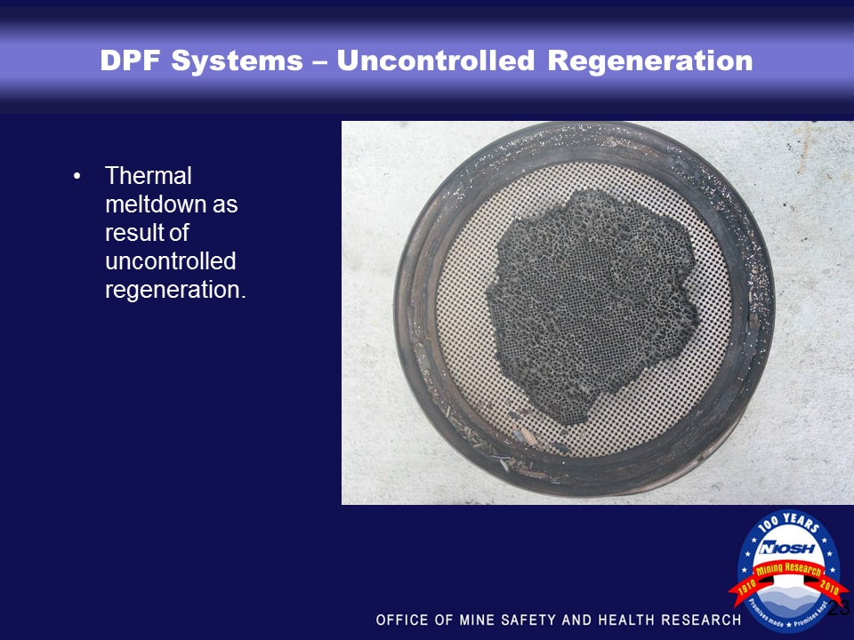 Slide showing thermal meltdown as result of uncontrolled regeneration in DPF system