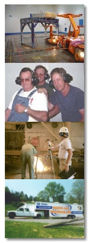 Four photographs of hearing loss research showing: A roof bolting machine being tested for sound power in the NIOSH Acoustic Test Facility; three workers wearing special headphones in the NIOSH mobile laboratory to test earplug protection levels; a NIOSH researcher measuring sound levels while a worker performs air-carbon-arc cutting; and an external view of the NIOSH Hearing Loss Prevention Unit mobile laboratory.